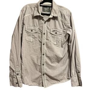 BKE Shirt Mens L White Grey Stripe western cut Athletic Fit double Pocket
